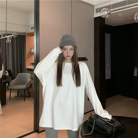 白色长袖t恤女宽松韩版纯棉打底衫秋冬ins百搭超火内搭慵懒上衣潮商品大图