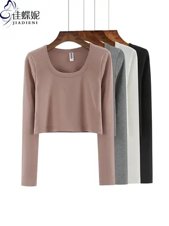 秋季新款韩版纯白修身显瘦U领短款高腰长袖体恤上衣内搭女打底衫商品大图