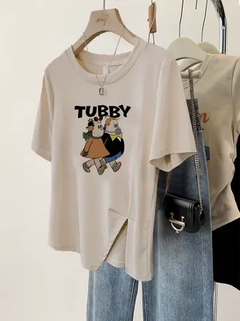 复古chic闺蜜装T恤女夏新款休闲风开叉下摆短袖韩版ins潮大码上衣图片