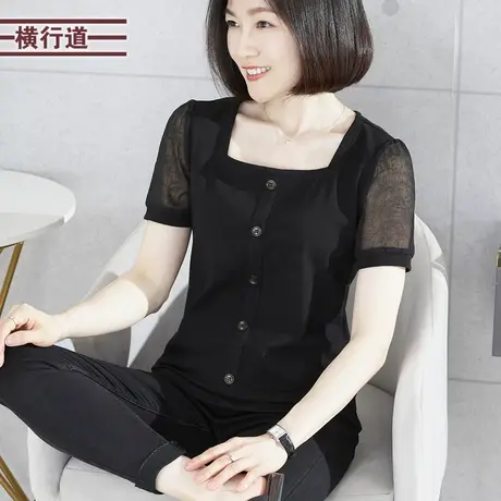 方领雪纺袖短袖2025新款夏装纯色宽松纽扣女装上衣简约打底衫半袖商品大图