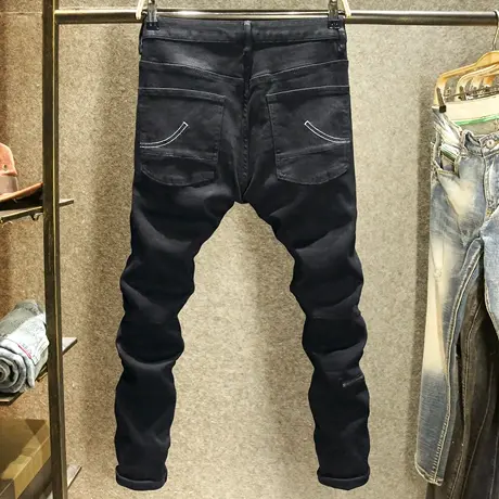 时尚拼接黑色牛仔裤男款韩版修身弹力小脚裤欧美潮牌高街机车长裤商品大图
