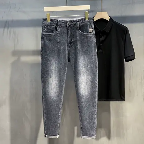 浅色潮牌高端牛仔裤男士韩版直筒2023年新款修身小脚休闲长裤子男商品大图