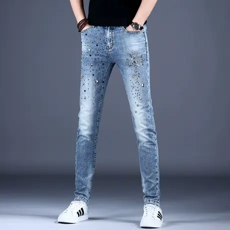 男士新款烫钻牛仔裤男款秋冬潮流时尚欧美式修身小脚裤子2023轻奢商品大图