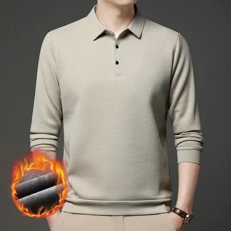 男士华夫格polo衫商务休闲翻领冬款长袖T恤加绒蜂窝打底衫上衣商品大图