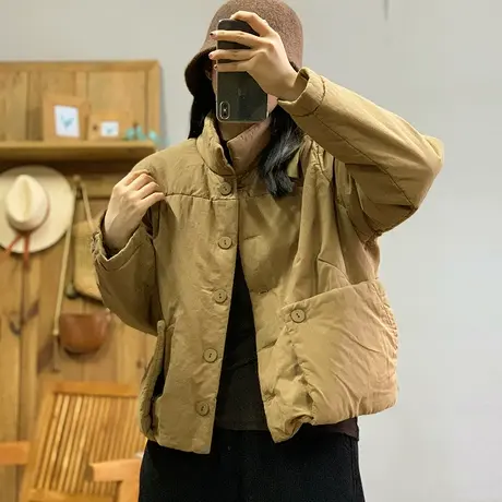 dza 复古纯色立领加厚棉服外套女2023冬新款宽松上衣休闲外穿棉衣图片