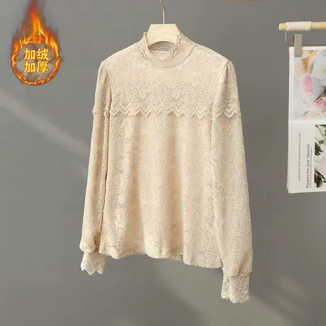 秋冬2024新款法式时尚洋气蕾丝打底衫女长袖加绒加厚百搭t恤上衣图片