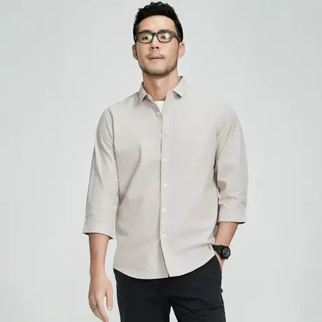 格慕施春夏款七分袖纯棉衬衫男士大码宽松竹节布中袖寸衫休闲衬衣图片