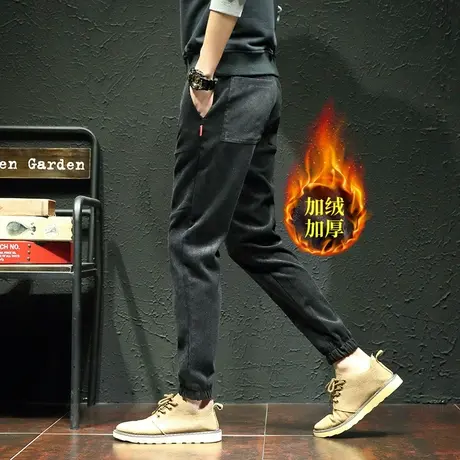 男士加绒休闲长裤子秋冬季保暖宽松百搭灯芯绒运动束脚黑色卫裤潮商品大图