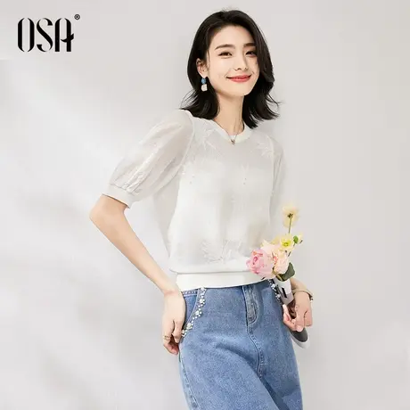 OSA欧莎白色薄款短袖针织衫女夏季2023年新款显瘦气质泡泡袖上衣商品大图