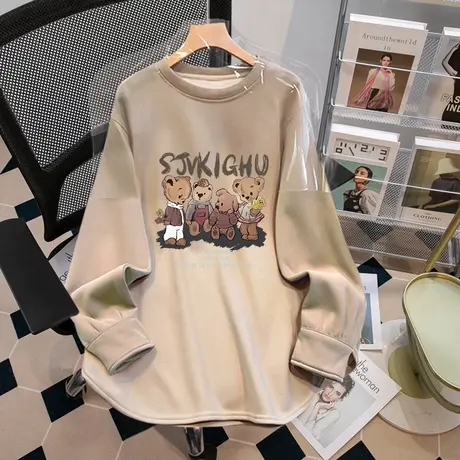 韩系chic长袖打底衫女慵懒风ins潮大码冬季加绒圆领中长款上衣女商品大图