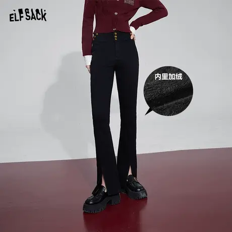 妖精的口袋高腰黑色加绒微喇牛仔裤女2023冬季新款开叉显瘦长裤商品大图