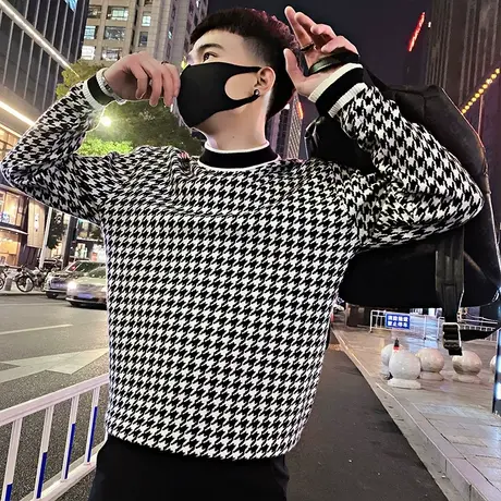 千鸟格毛衣男冬季2023新款潮流撞色拼接设计感轻熟加厚针织打底衫商品大图