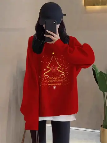红色本命年圆领假两件卫衣女秋冬2024新款圣诞节加绒加厚减龄外套图片