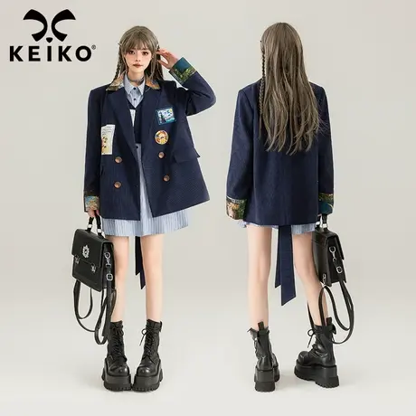 KEIKO 法式复古提花拼色西装外套女2024春季学院风宽松休闲小西服商品大图