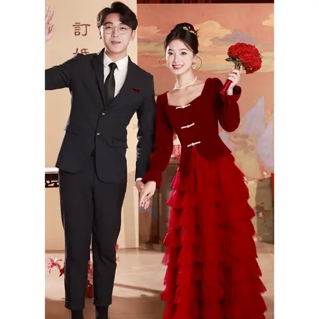 敬酒服2024新款新娘高级感秋冬季长袖红色纱裙订婚礼服蛋糕蓬蓬裙商品大图