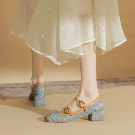 复古玛丽珍鞋女2024年新款小众方头粗跟法式晚晚风一字扣带高跟鞋商品大图