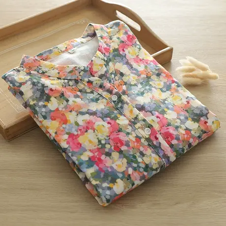 春秋文艺小清新碎花双层棉纱立领长袖V领衬衫女宽松休闲打底上衣图片