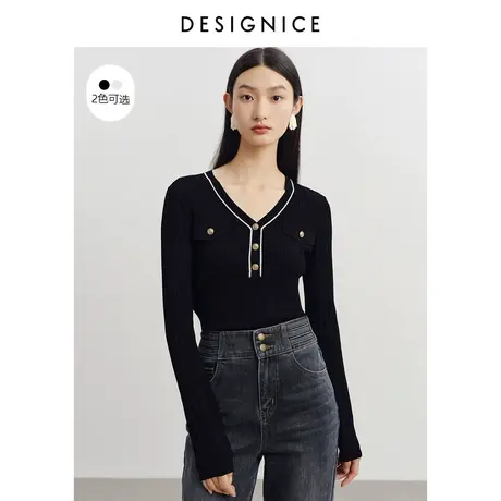 商场同款迪赛尼斯通勤春秋新款韩版V领修身长袖套头针织衫女商品大图