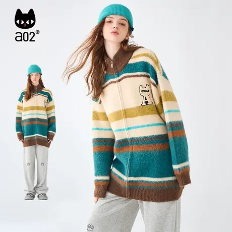 a02复古宽松拉链毛织开衫外套2023年秋冬季新款女装针织立领毛衣商品大图