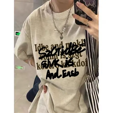 灰色纯棉重磅短袖t恤女夏季2023新款美式复古宽松小个子潮牌上衣商品大图