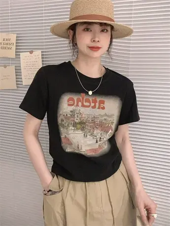 美式复古黑色正肩短袖t恤女夏季2024新款修身显瘦体恤短款上衣夏商品大图