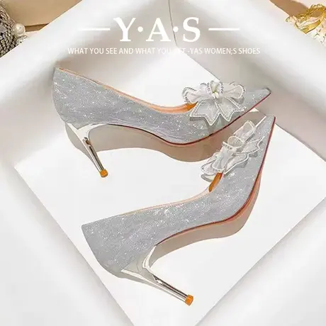 法式高跟鞋女2024春季新款水钻蝴蝶结水晶婚鞋气质名媛细跟单鞋女图片