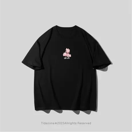 Ohlyah潮牌粉色木棉花卉经典LOGO印花短袖美式街头情侣上衣T恤男图片