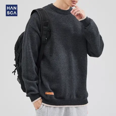 hansca假两件毛衣男秋冬新款纯色圆领宽松慵懒青少年休闲大码上衣商品大图