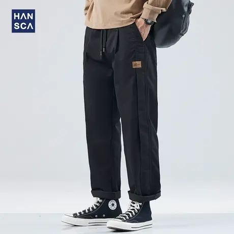 hansca重磅直筒休闲裤男2023秋季潮牌宽松运动抽绳黑色工装长裤子商品大图