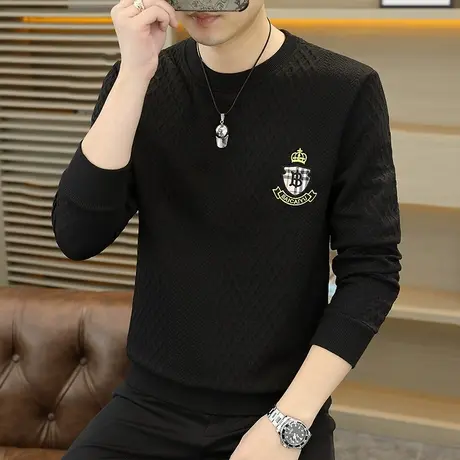 长袖T恤男2023新款圆领卫衣潮流时尚帅气提花休闲百搭体恤上衣服商品大图
