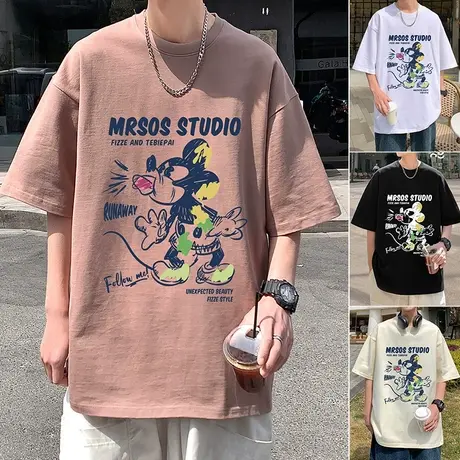 米奇印花短袖t恤男夏季宽松ins街头潮牌chic港风半袖卡通圆领上衣商品大图