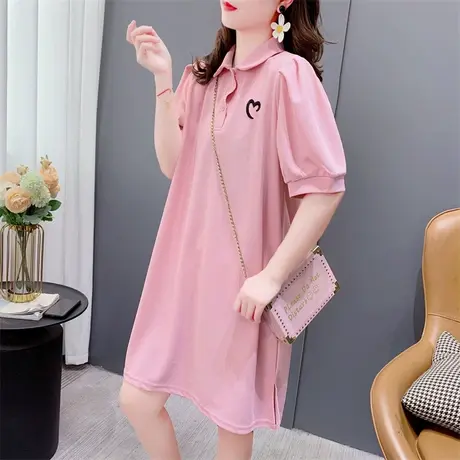 中长款Polo领短袖T恤裙女2023新款夏季宽松洋气减龄泡泡袖连衣裙商品大图