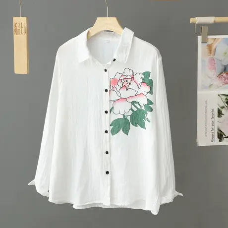 国风水墨印花长袖衬衫女春季2024新款棉纱双层白色衬衣打底衫上衣图片