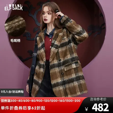 妖精的口袋格纹西装毛呢外套女2023冬季新款宽松学院风气质呢大衣商品大图
