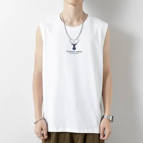 纯棉背心男夏季健身运动坎肩宽松潮流鹿头印花白色全棉无袖t恤男商品大图