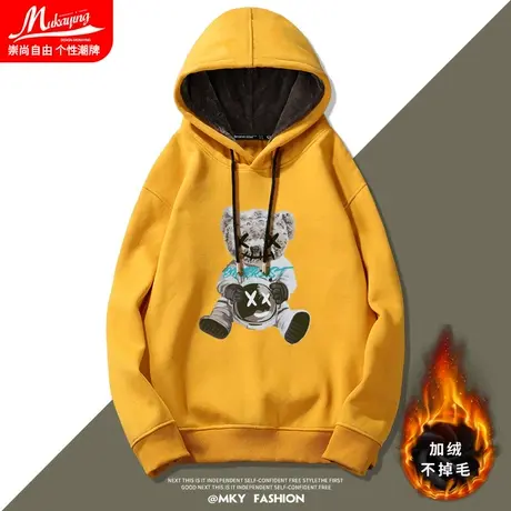 小熊加绒加厚卫衣男连帽潮牌ins美式街头嘻哈hiphop秋冬宽松外套商品大图