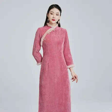 素飞知春季新款改良旗袍长款修身复古国风名媛气质灯芯绒连衣裙女商品大图