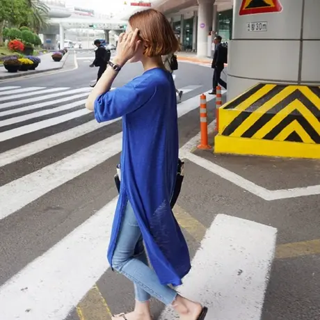 蓝色竹节棉侧开叉T恤女中长款韩版宽松大码圆领直筒短袖T恤连衣裙商品大图