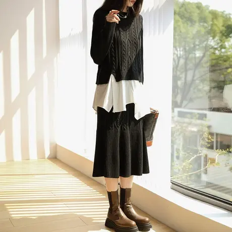 专享2023年秋冬新款毛衣女日系复古高级感温柔假两件针织上衣女图片