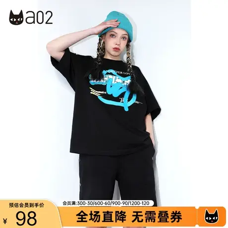 a02手绘感字母印花T恤夏季新款纯棉短袖宽松潮流个性上衣女图片