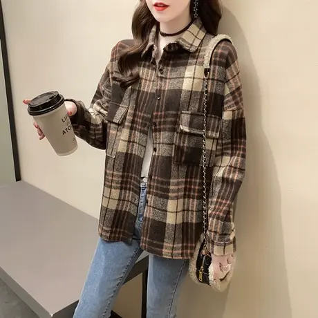 撞色磨毛衬衫女长袖上衣2023秋季新款女装宽松百搭衬衣外套秋冬潮商品大图