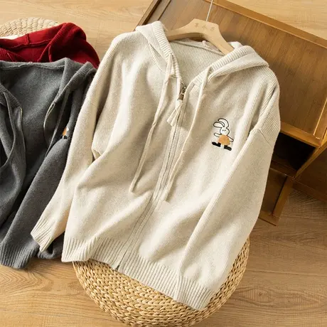 享永子连帽拉链针织开衫宽松春秋毛衣外套卫衣式针织上衣2023新款商品大图