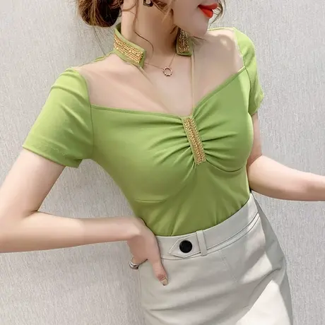 性感镂空V领T恤女短袖夏装设计感烫钻洋气上衣网纱拼接紧身小衫潮图片