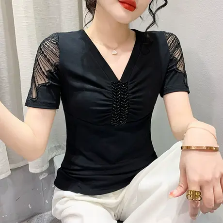 性感网纱拼接上衣女短袖2023夏装新款时尚钉珠V领T恤气质显瘦小衫商品大图