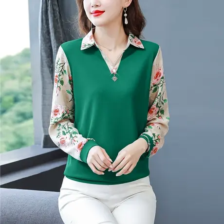 2023秋季新款时尚气质V领t恤女洋气妈妈宽松雪纺接拼长袖打底衫女商品大图