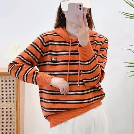 连帽卫衣女2023秋季新款宽松时尚减龄针织毛衣显瘦女士条纹打底衫商品大图