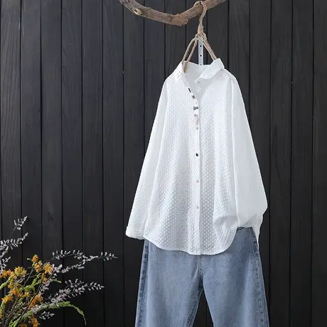 2021春季新款文艺彩扣设计纯棉白色衬衣打底衫宽松翻领长袖衬衫女图片