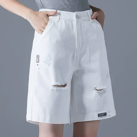 白色破洞牛仔短裤女夏季2023年新款五分裤女夏薄款阔腿中裤5分裤商品大图