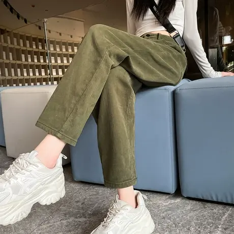 军绿色哈伦牛仔裤女2023年春秋新款高腰直筒宽松九分萝卜老爹裤子图片