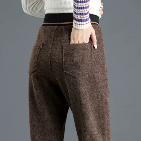 休闲裤毛线咖色针织裤女秋冬运动外穿加厚加绒女裤哈伦裤毛呢裤子图片